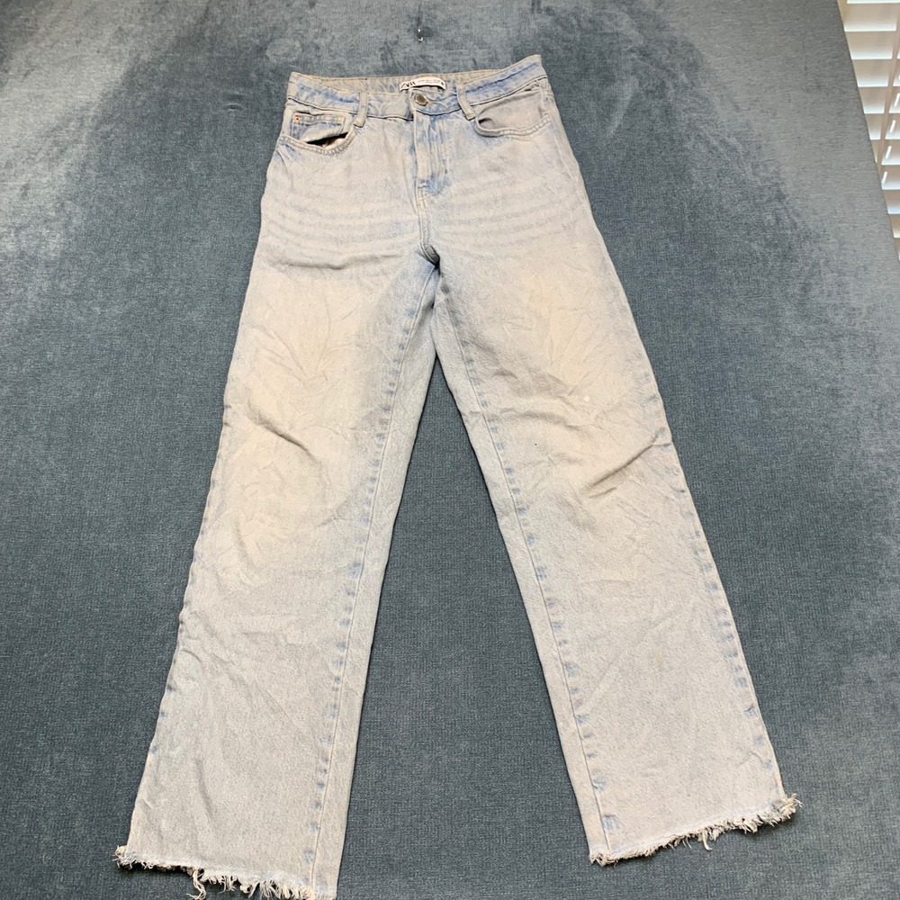 Zara Straight Leg Jeans Womens 4 Blue Denim Faded Frayed Hem 5 Pockets Zip Fly